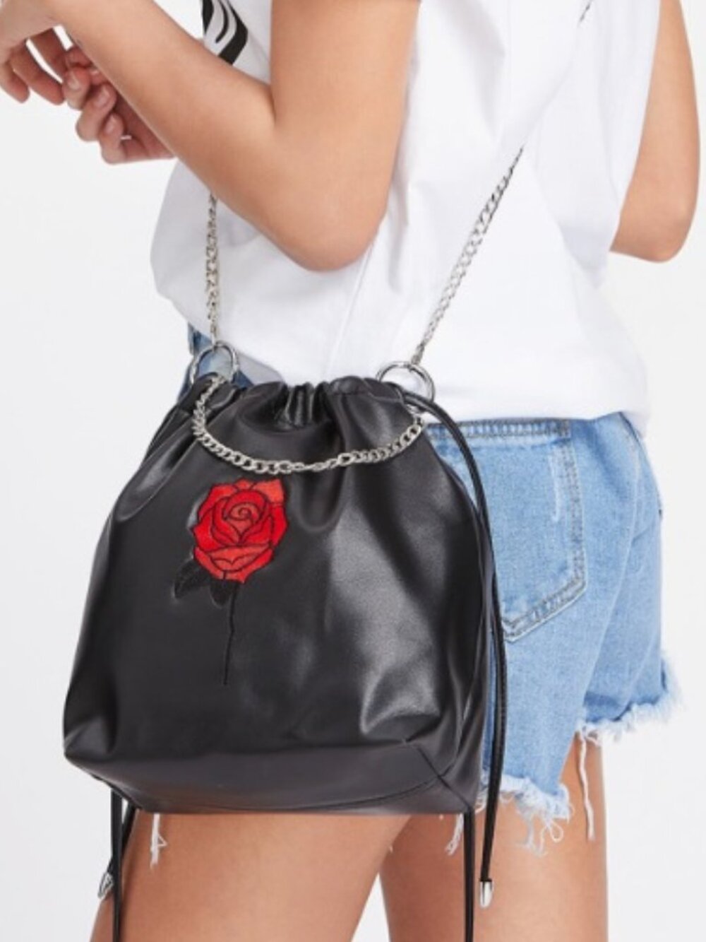 SAMO ONDOH Black Vegan Leather Bucket Crossbody Bag Silver Chain Rose Patch